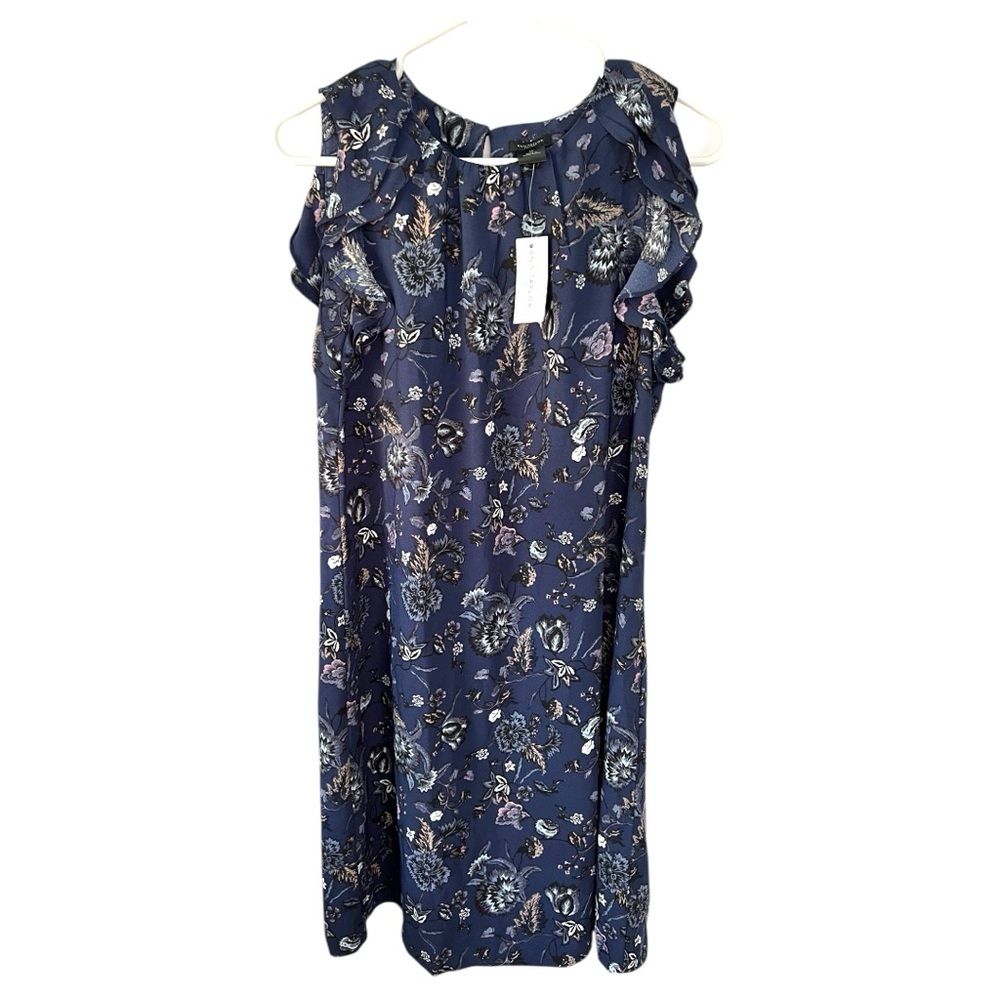 Ann Taylor Factory Navy Multi-Color Floral Ruffled Shift Sleeveless Dress Size10